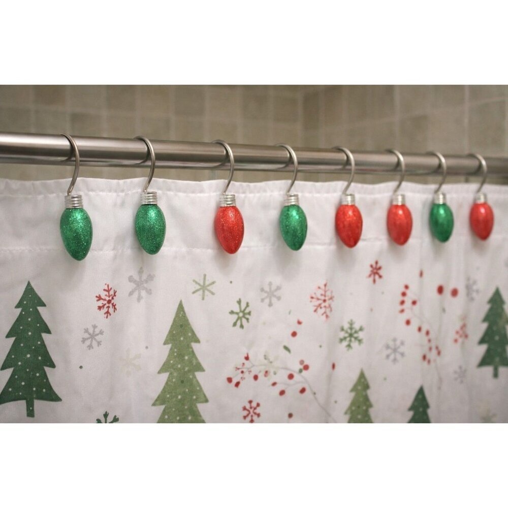 New Christmas Holiday Red / Green Lights Bathroom Shower Curtain Hooks